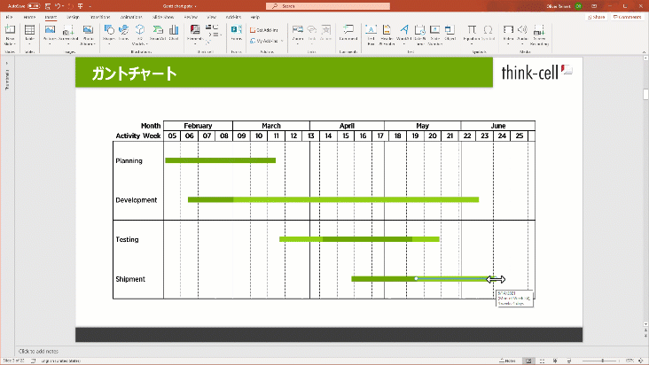 thinkcellを使ってパワポでガントチャートを作成する様子