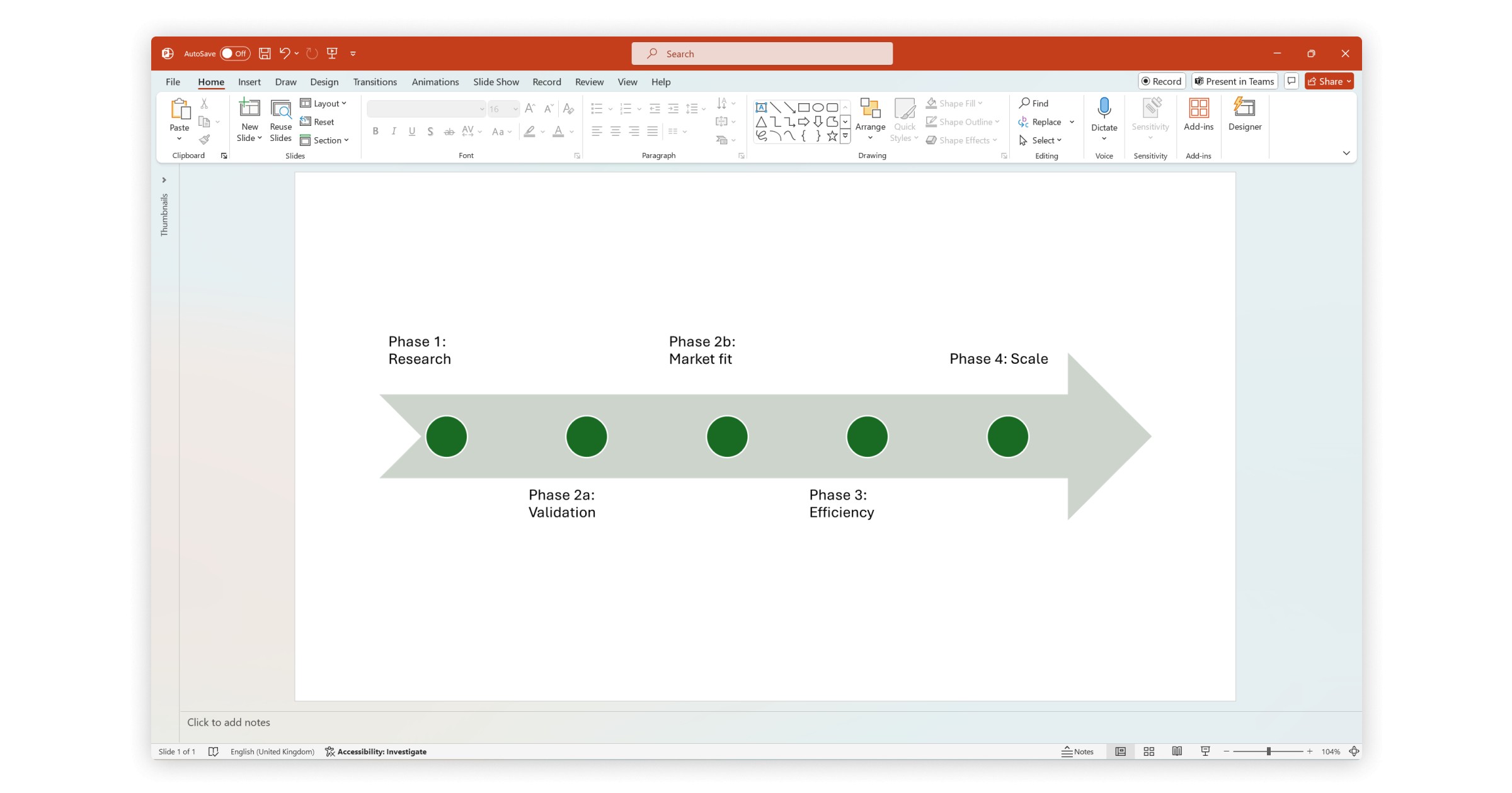 Basic timeline chart in PowerPoint depicting five milestones.