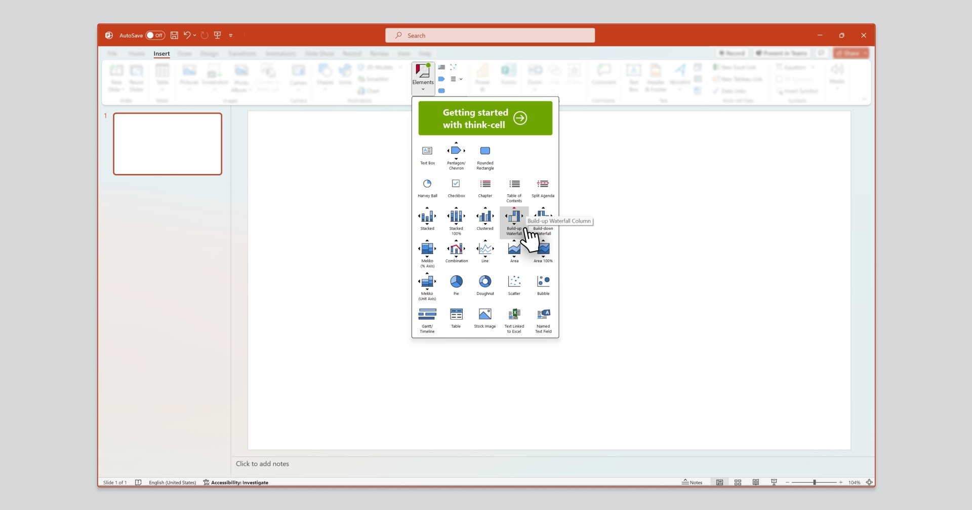 thinkcell UI in PowerPoint showing navigation to Build-up Waterfall chart under Elements menu.