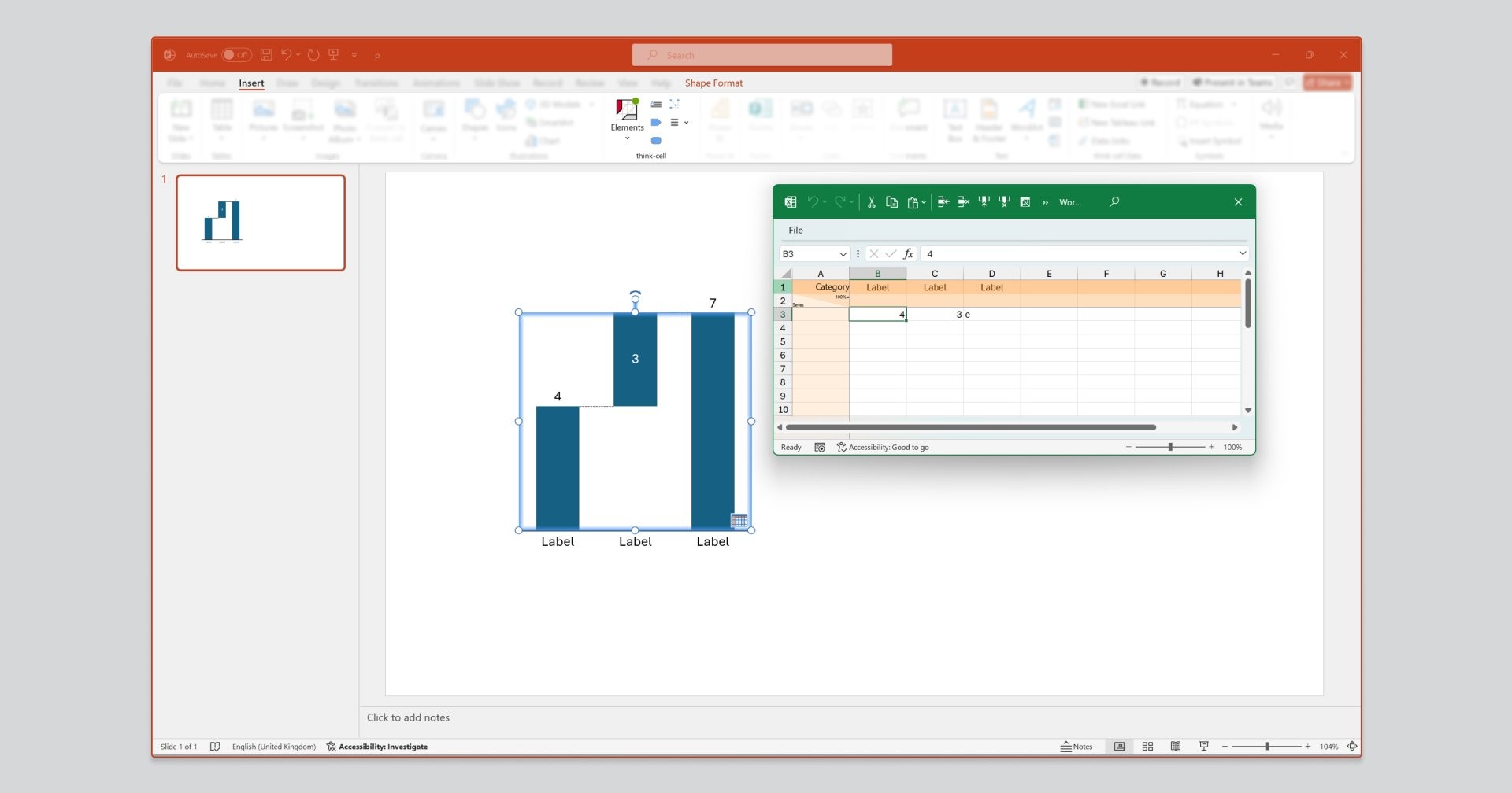thinkcell data sheet in PowerPoint allowing for the entry of data for waterfall chart.