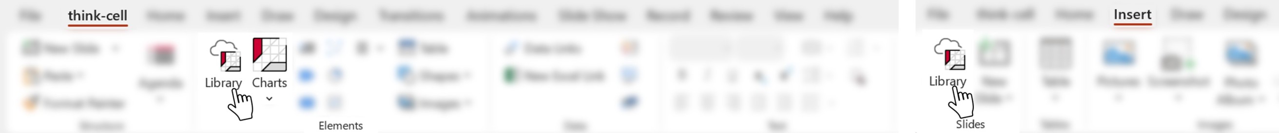 Screenshots side-by-side showing where to access the thinkcell Library in PowerPoint, either from the thinkcell tab or the Insert tab.