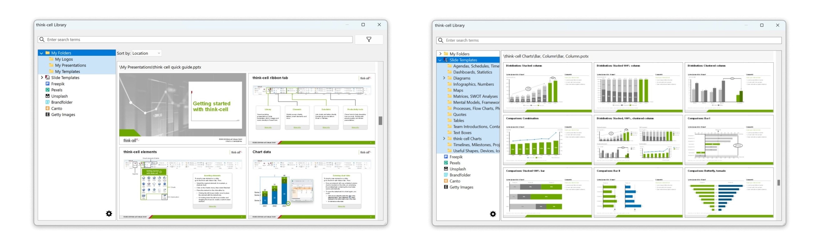 Two screenshots showing slide selection and templates in the thinkcell Library.