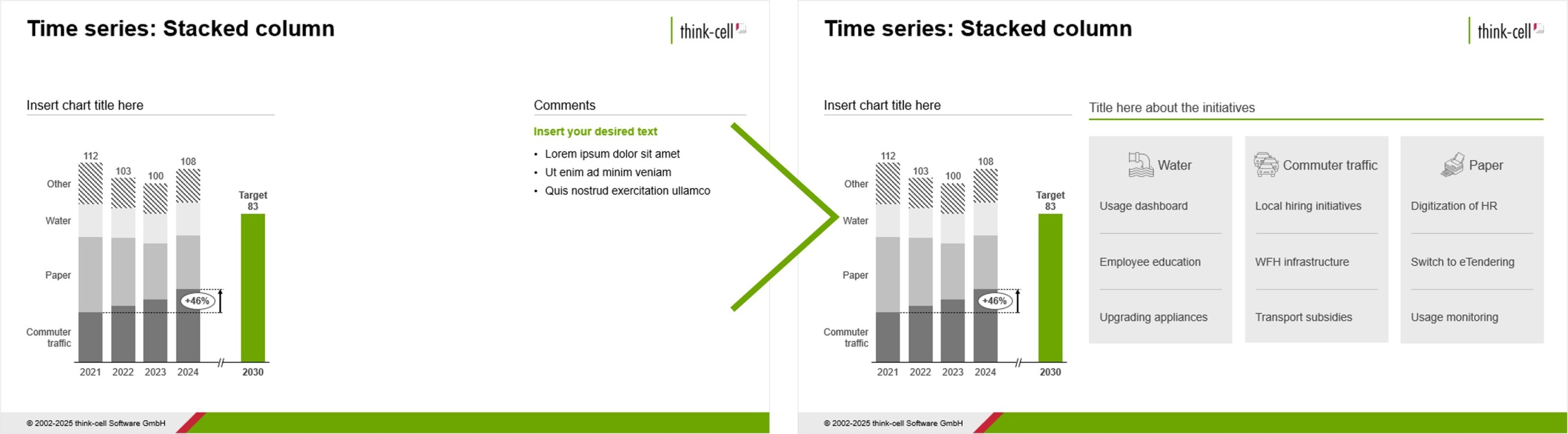 Two screenshots of a PowerPoint slide showing its enhancement by adding smart text boxes and icons from the thinkcell Library.