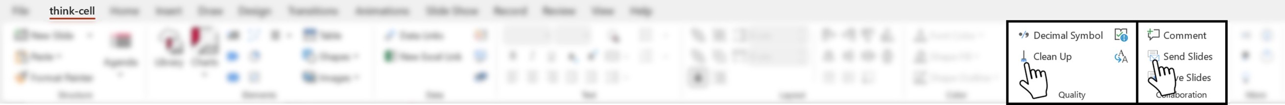 Screenshot of the thinkcell tab in PowerPoint, highlighting where the user can clean up or send slides from the Quality and Collaboration command groups.
