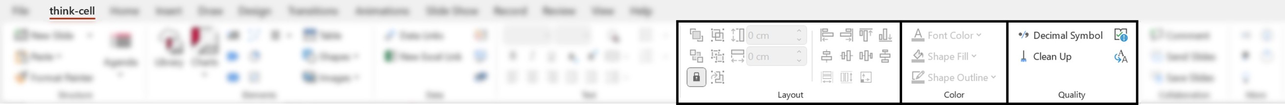 Screenshot of the thinkcell tab in PowerPoint, highlighting the Layout, Color and Quality command groups.
