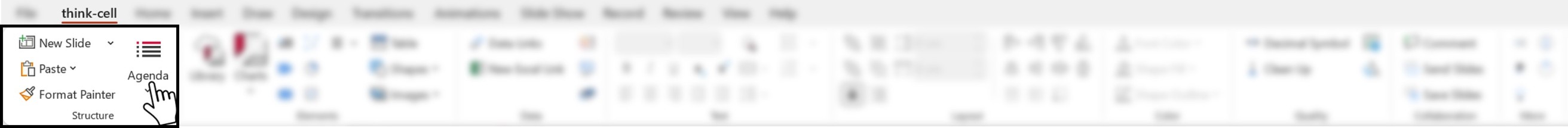 Screenshot of the thinkcell tab in PowerPoint, highlighting where the user can add an agenda from the Structure command group.
