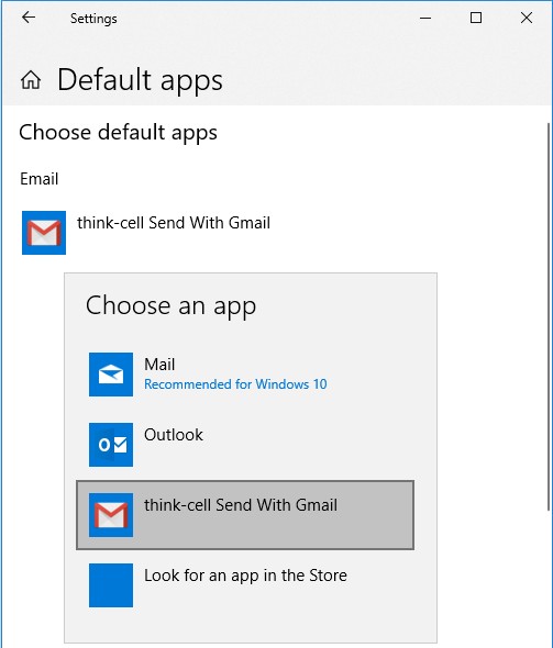 Cuadro de diálogo de programas predeterminados con Envío de thinkcell con Gmail seleccionado
