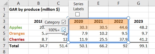 Rango Excel vinculado con el menú Editar diseño de datos mostrado