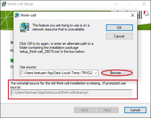 un errore durante l'installazione della nuova versione di thinkcell