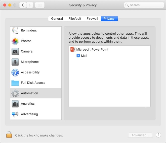 Cuadro de diálogo Seguridad y privacidad de mac