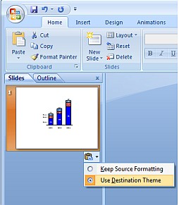 Office&nbsp;2007: Smart Tag visualizzato nel riquadro Anteprima diapositiva dopo aver incollato la diapositiva