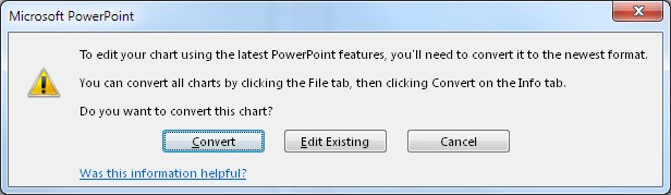 Per modificare il grafico utilizzando le ultime funzionalità di PowerPoint, sarà necessario convertirlo al formato più recente. È possibile convertire tutti i grafici facendo clic sulla scheda File, quindi su Converti nella scheda Informazioni. Si desidera convertire questo grafico? Converti/Modifica esistente/Annulla