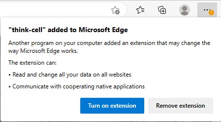 Cuadro de diálogo de Edge que pregunta si se debe activar o eliminar la extensión de thinkcell