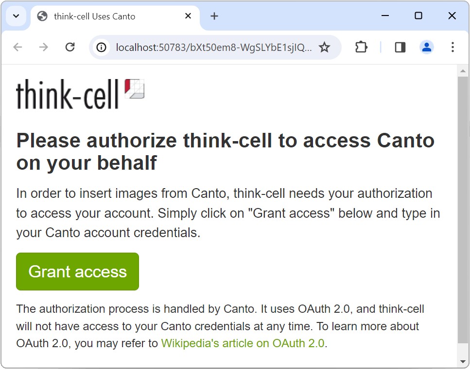A browser window that asks the user to authorize thinkcell to access Canto on the user's behalf