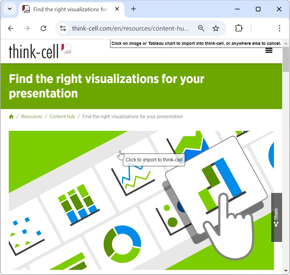 An image in a browser window. A cursor hovers over the image with the tooltip "Click to import to thinkcell"