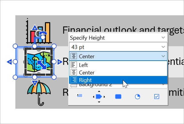 thinkcell alignment options for icons on the mini toolbar