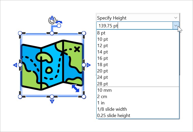 The thinkcell combo box for specifying the height of an icon in points, milimeters, centimeters, inches, or as a proportion of slide width or slide height