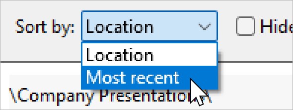 Options to sort assets by location or most recent in the thinkcell Library dialog