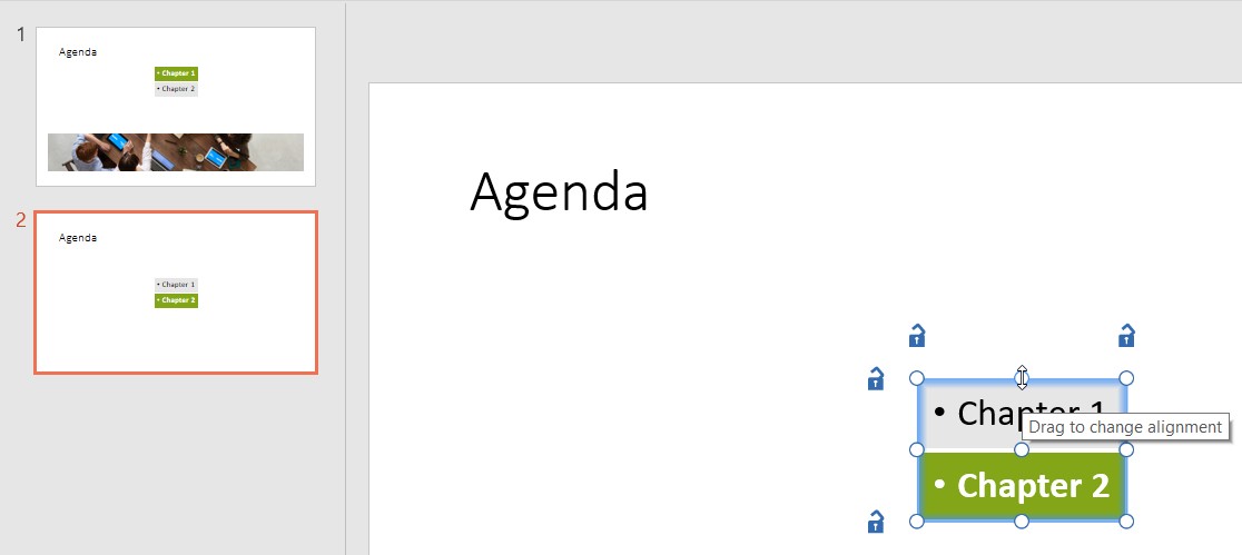 Ein auf einer Folie ausgewähltes Agenda-Element, wobei sich der Mauszeiger über dem oberen Ziehpunkt befindet