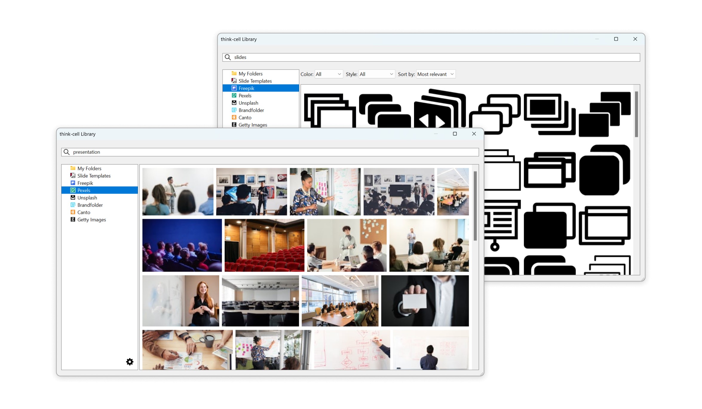 Two thinkcell Library dialogs, one with Freepik icons in the search results, the other with Pexels stock images