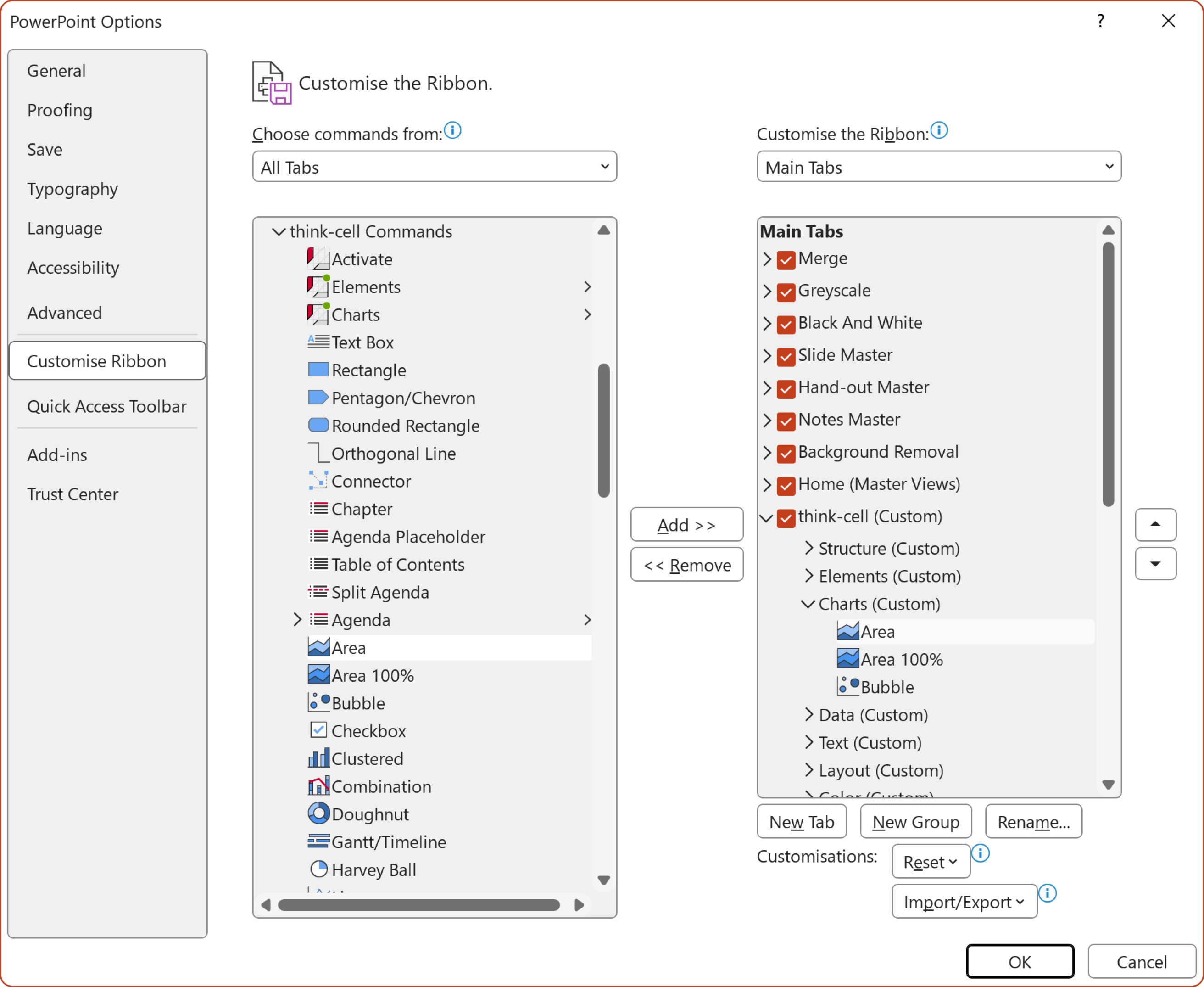 The PowerPoint Customize Ribbon dialog