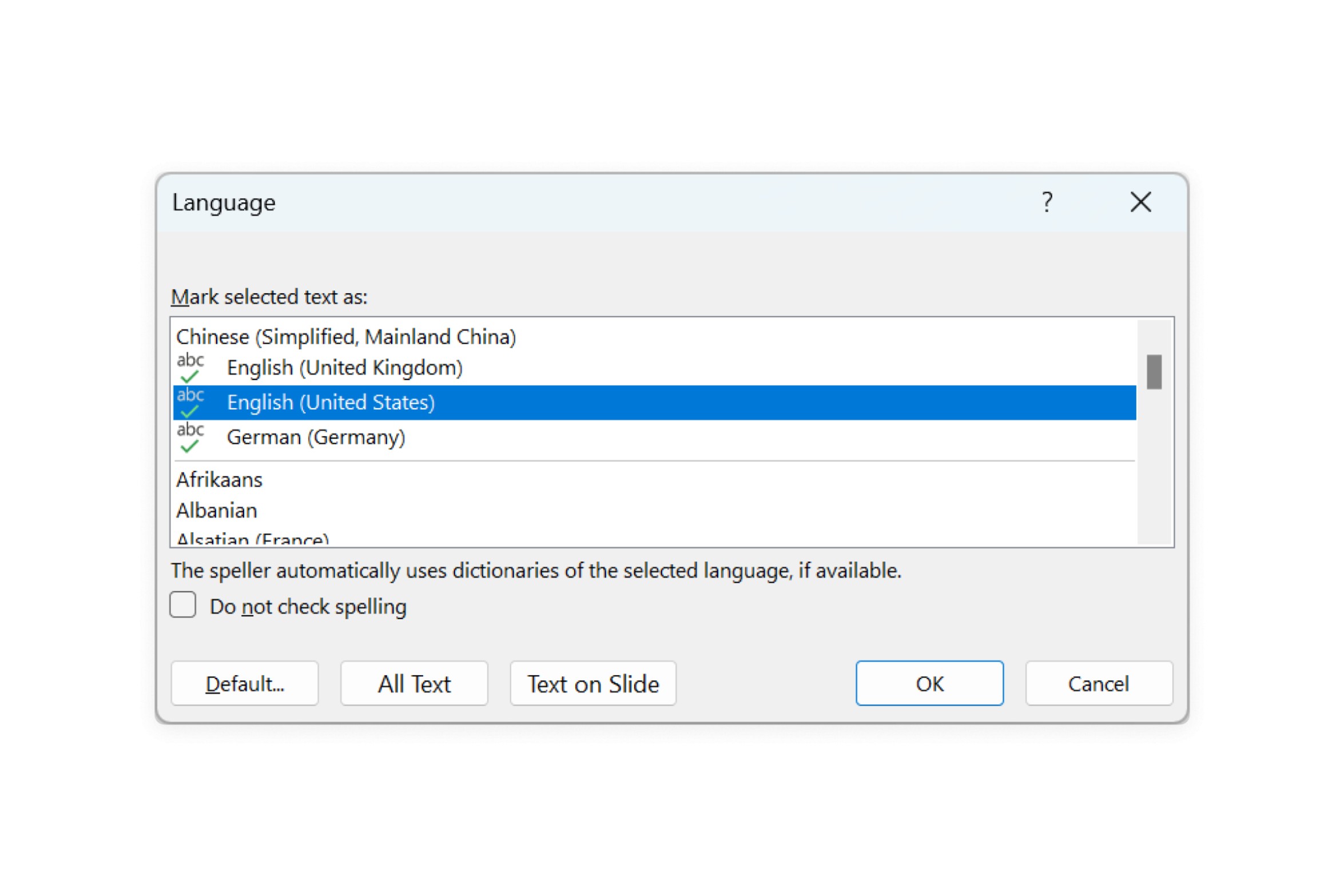 The thinkcell proofing language dialog. It has a menu of languages and buttons to apply the language to all presentation text or the text on the selected slide