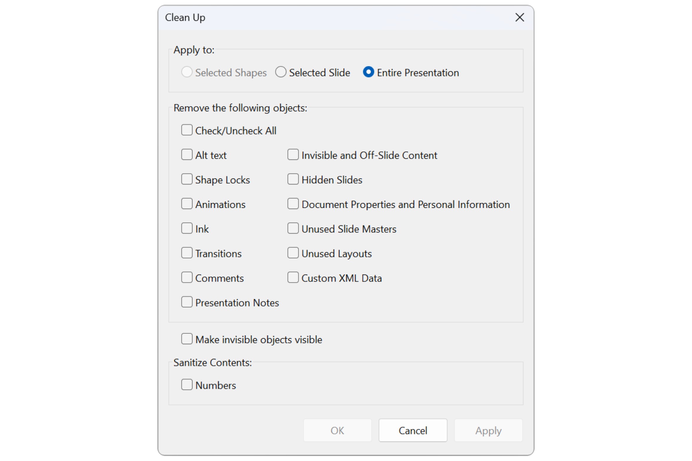 The thinkcell Clean Up dialog