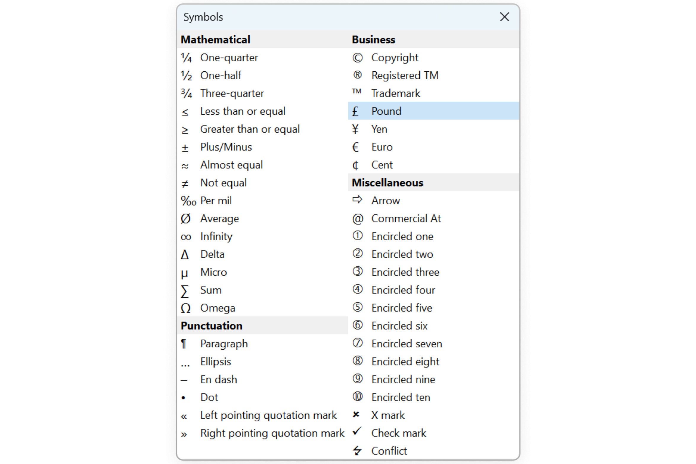 The thinkcell Symbols dialog