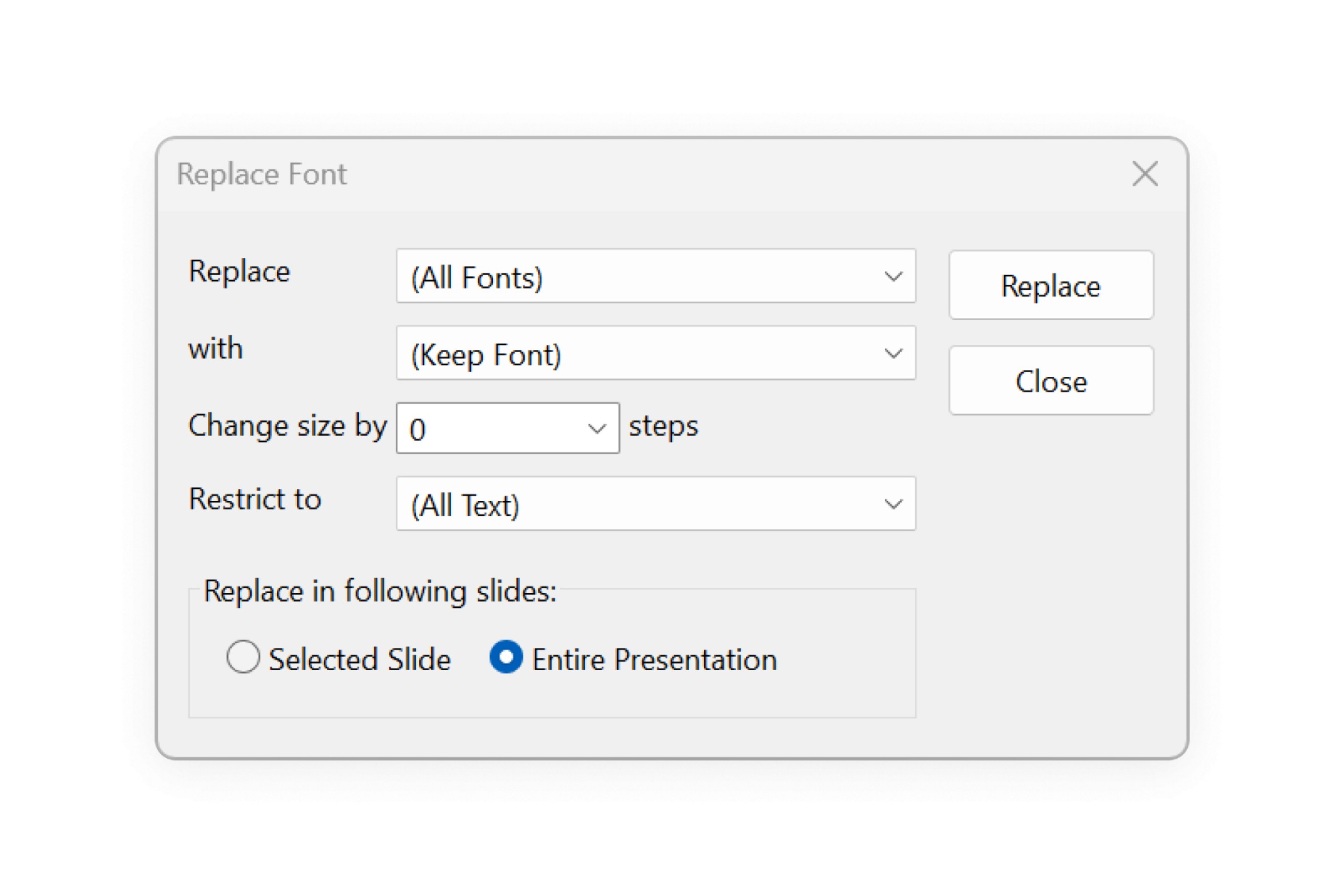 The thinkcell Replace Font dialog adds options to change the font size; restrict font replacement to Latin text, Asian text, or complex scripts; and to apply the changes to the selected slide or entire presentation
