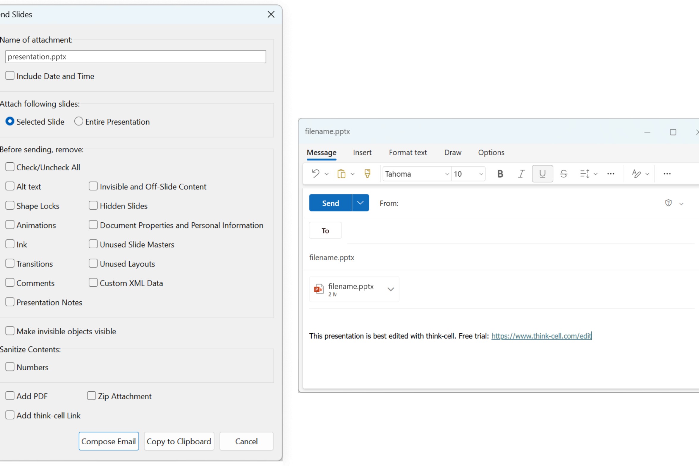 The thinkcell Send Slides dialog and an email with a PowerPoint attachment, created by the Send Slides tool