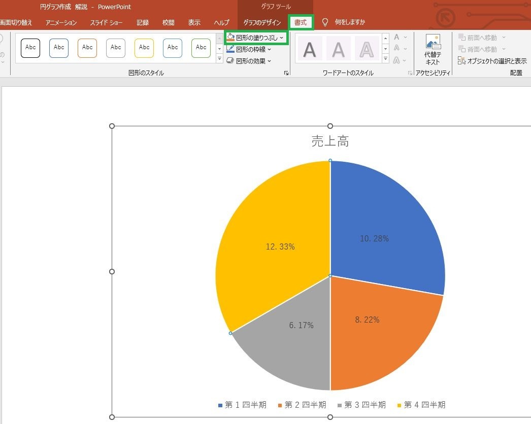 グラフツールの「書式」を選択して、「図形の塗りつぶし」をクリック