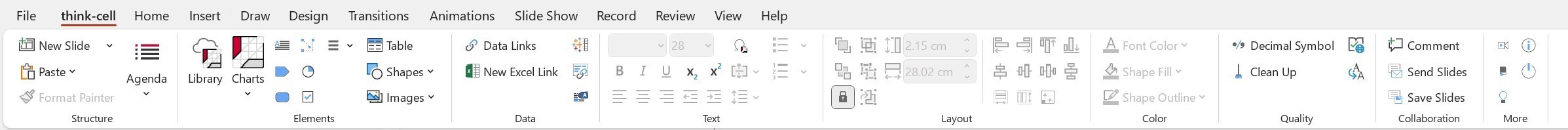 パワポ内に追加される、thinkcellタブ