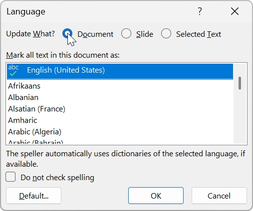 PowerPoint's New Set Proofing Language Dialog